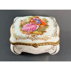 G L Limoges France Bombe Chest Porcelain Trinket Box - Fragonard Courting Couple